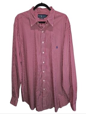 Ralph Lauren Men's Red White Striped Dress Shirt Button Down Long Sleeve Classic